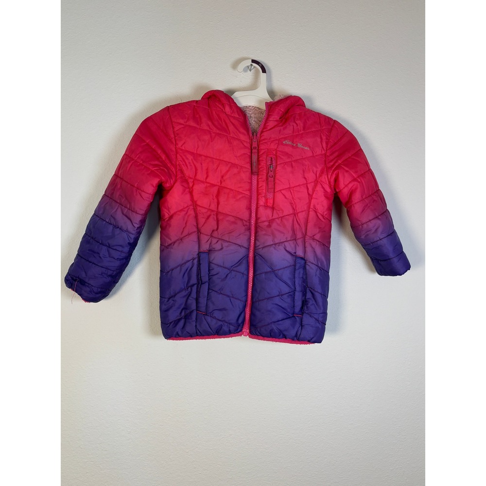 Eddie Bauer Girls‎ Ombre Hooded Puffer Jacket Pink Purple Faux Fur Lined XS 4/5